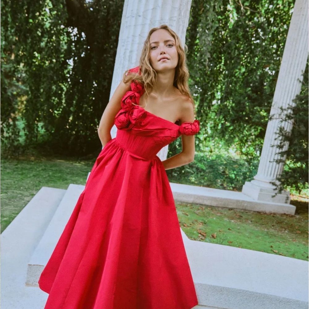 Rachel Gilbert Red One-Shoulder Midi Dress with Rosette Detail